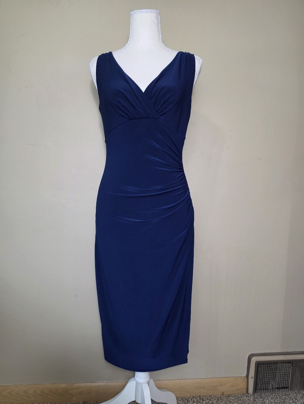 Lauren Ralph Lauren Navy Blue Ruched Sheath Dress | Sleeveless V-Neck
